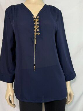 Collette Collection Navy Sheer Blouse w/Gold tone Grommets Chain tassel Size XL